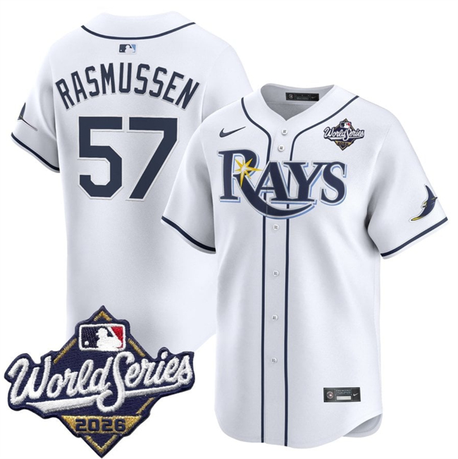 Men's White Tampa Bay Rays #57 Drew Rasmussen 2026 World Series Home Limited Stitched Baseball Jersey